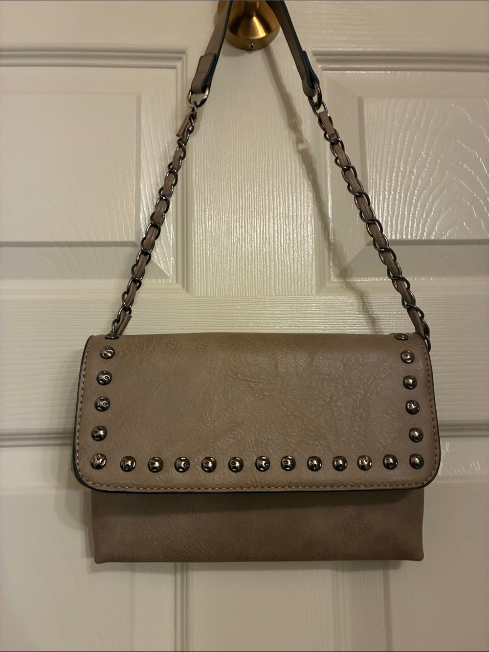 Taupe Studded‎ Chain-Detail Shoulder Bag